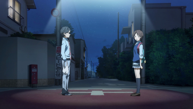 Kousei encontra Tsubaki na encruzilhada, onde sabia que ela estaria