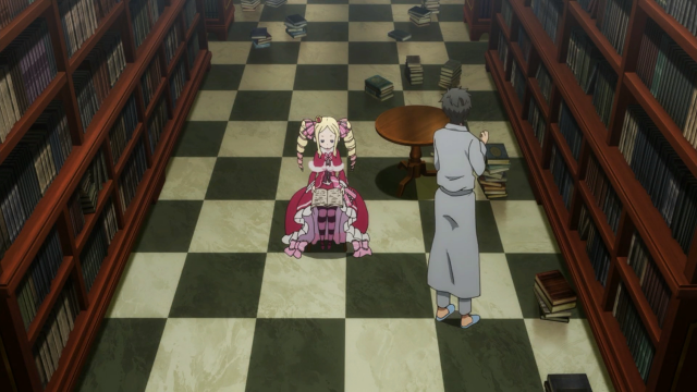 Uma das vezes nesse episódio em que o Subaru foi perturbar Beatrice na biblioteca
