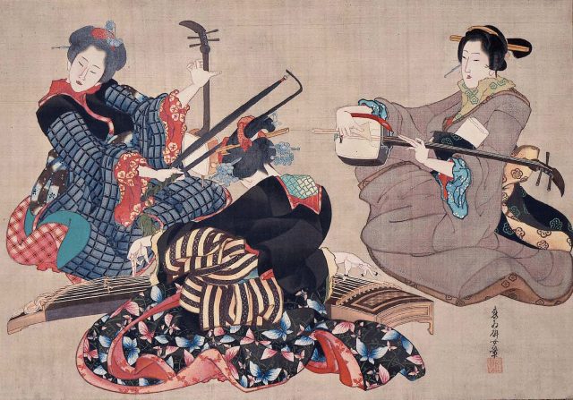 Três mulheres tocando instrumentos musicais (Sankyoku gassô zu - 三曲合奏図) (1850)