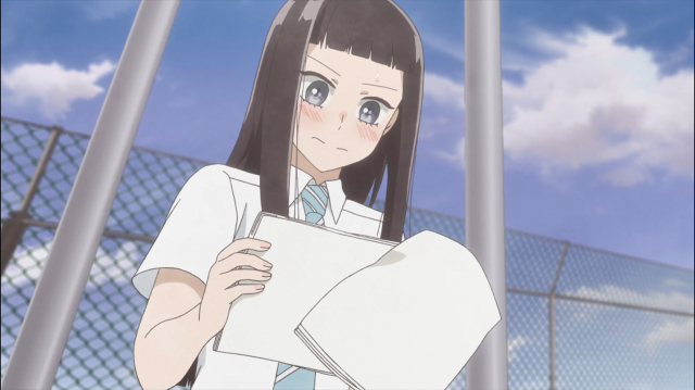Sonezaki fica constrangida e feliz ao ler o pedido para sair de Amagi ao final de seu "relatório"